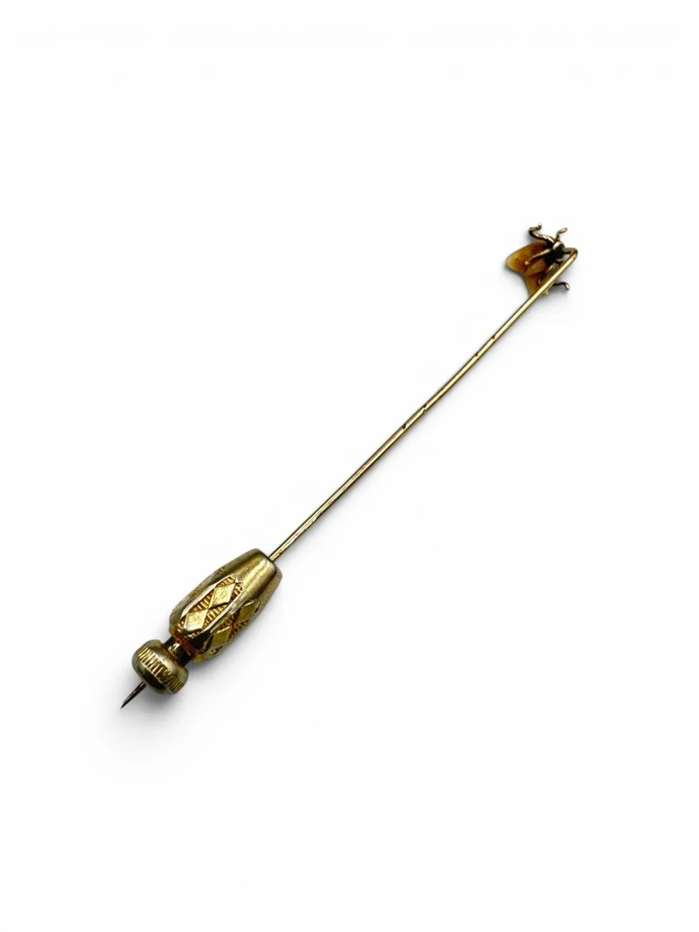 Antique Victorian 14K Gold Carved Tooth Fly Stick Pin Safety Cap